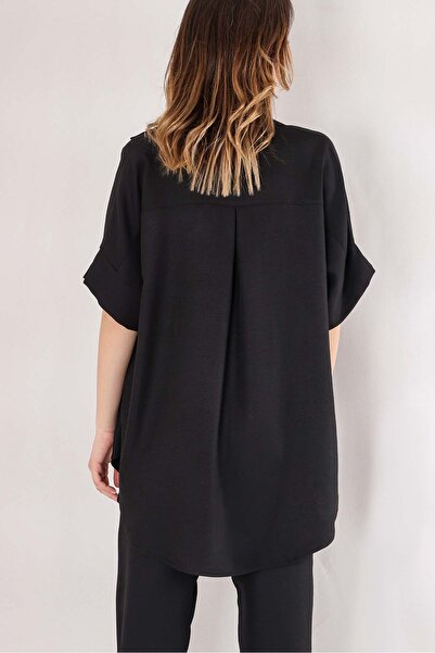 Fashion Showcase Oversize Short Sleeve Linen Women's Shirt - Black