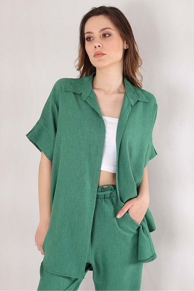Fashion Showcase Cămașă oversize cu mânecă scurtă din in pentru femei - verde
