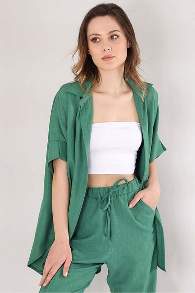 Fashion Showcase Cămașă oversize cu mânecă scurtă din in pentru femei - verde