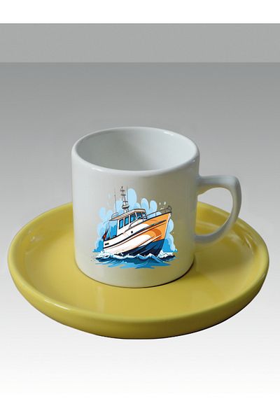 lili hediyelik Ship Printed Turkish Coffee Cup Placed in the Sea - Gift Ceramic Mug