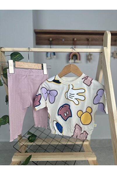 Minizade RIBBON LETTER PRINTED COLORFUL MICKEY BABY GIRL/KIDS DOUBLE SET