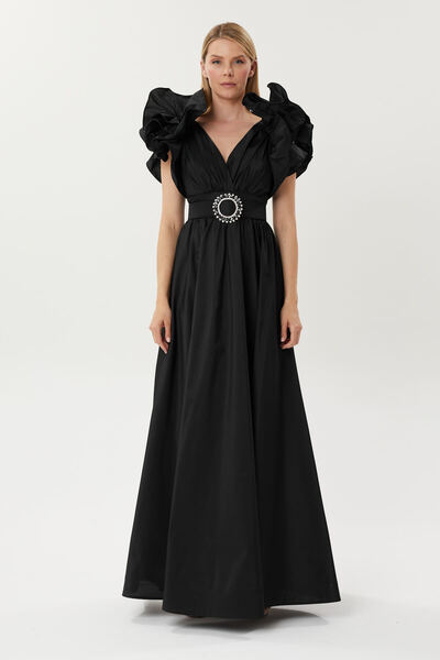 HaHelin Omuzdan Detaylı Belden Kemer Aksesuarlı Tafta Kumaş  Abiye Elbise