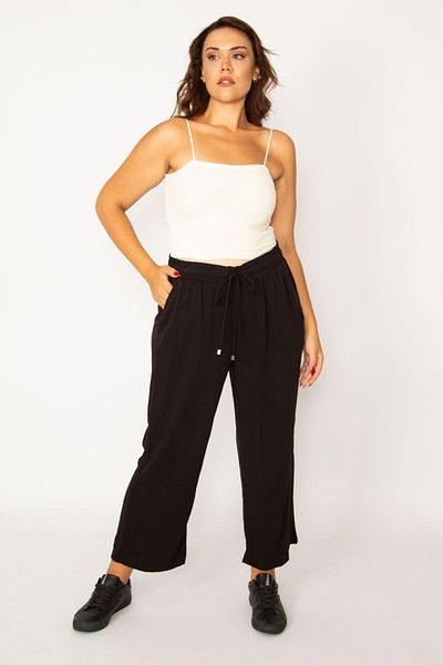 Şans Women's Black Woven Viscose Fabric Trousers with Elastic Waist and Lace Detail and Side Pockets 65n33981