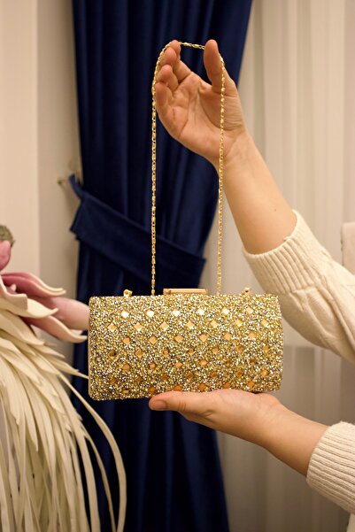 mossi Wire Sided Evening Dress Bag Wedding Bag with Gold Stone Chain and Armrest