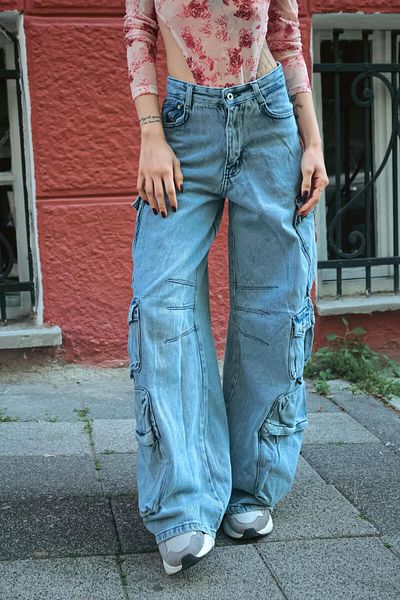 Touz Moda PANTALONUL ALBASTRU DE DETALII DE MULTE BUZUARE