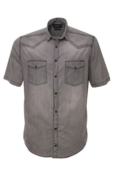 marufshop Men's Large Size 118-191 Suitable for Weight Interval Short Sleeve Lycra Flap Double Pocket Denim Shirt Gray