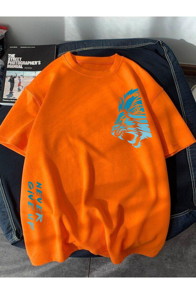 BEGRİFF Unisex Never Give Up Printed Orange T-Shirt