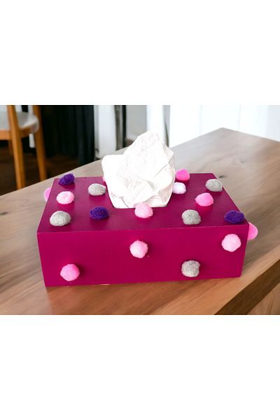 Fun Life Handmade Wooden Handkerchief Box Decorated with Pompoms - Pink