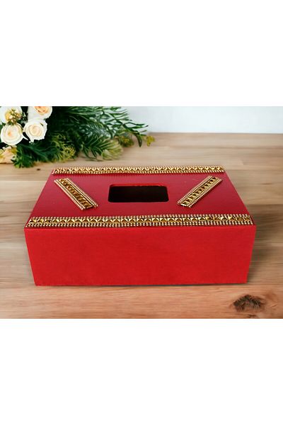 Fun Life Handmade Wooden Handkerchief Box Decorated with Gold Color Beads - Red