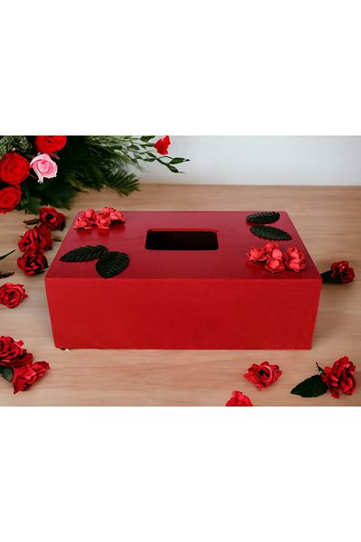 Fun Life Handmade Wooden Handkerchief Box Decorated with Roses and Leaves - Red