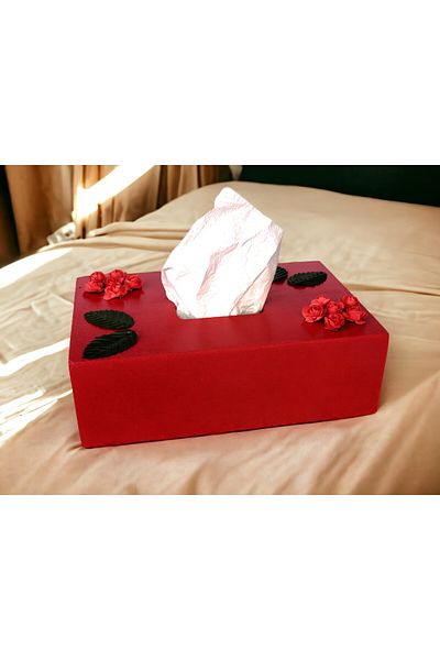Fun Life Handmade Wooden Handkerchief Box Decorated with Roses and Leaves - Red
