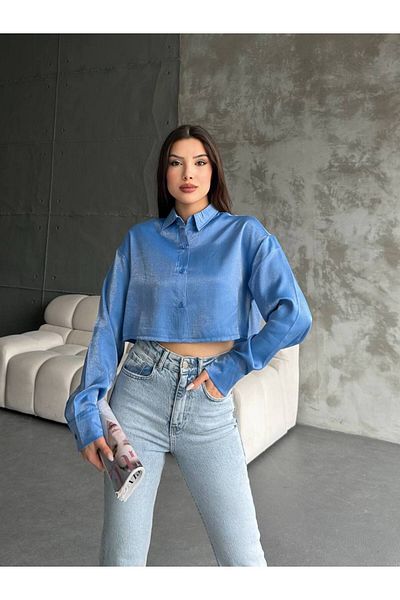 WEAR AND WEAR Women's Glitter Shiny Short Oversize Basic Shiny Satin Shirt Equivalent New Season Crop Satin Shirt