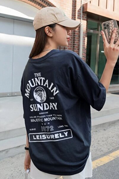 Revasser Unisex Lacivert Mountain Sunday Baskılı Oversize
