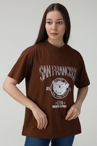 Revasser Bumbac pieptănat supradimensionat pentru femei, maro, imprimat San F...