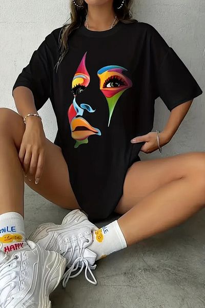 Revasser Unisex oversize barevné tričko s obličejovým potiskem