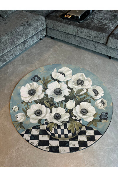 Rugs Modern Halı Fiorella 7001 Beyaz Vazoda Çiçekler Dama Temalı Yuvarlak Bas...