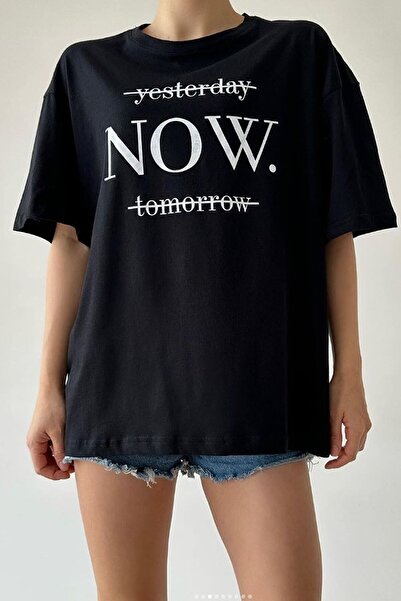 Revasser Kadın Siyah Oversize %100 Pamuk Yesterday Baskılı