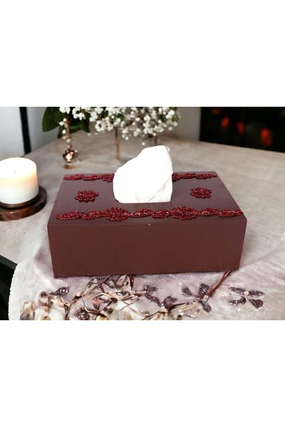 Fun Life Handmade Wooden Handkerchief Box Decorated with Burgundy Beads - Burgundy