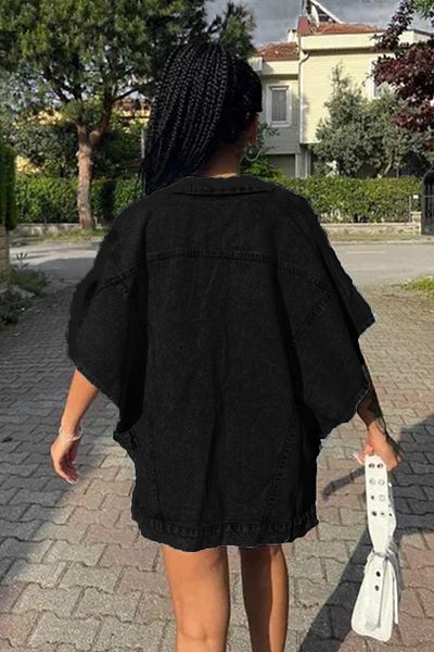 fehika Vestă poncho de denim de damă, supradimensionată, confortabilă, neagră, cu buzunare