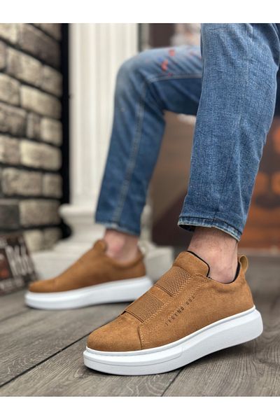 BOA BA0307 Ανδρικά παπούτσια με ψηλή σόλα BOA Thick Suede Double Tape Tan White