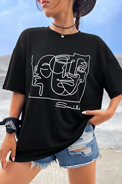 Revasser Unisex Negru Guler Rotund Face Smile Imprimat Oversize