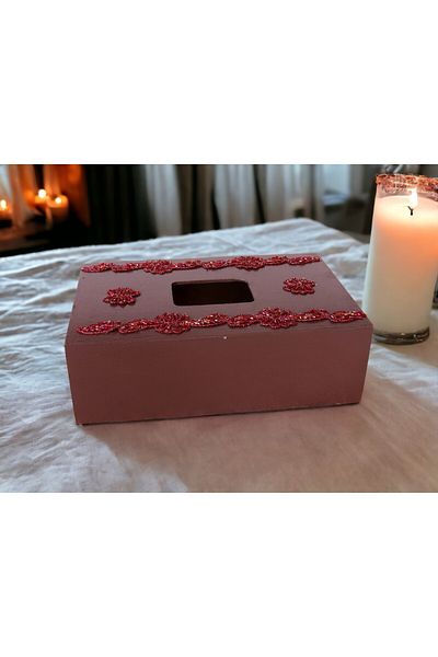 Fun Life Handmade Wooden Handkerchief Box Decorated with Burgundy Beads - Burgundy