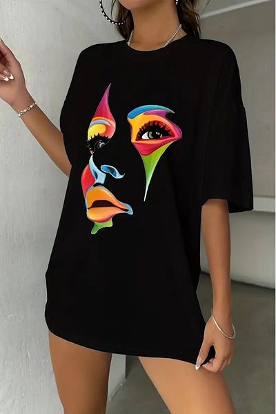 Revasser Unisex oversize barevné tričko s obličejovým potiskem
