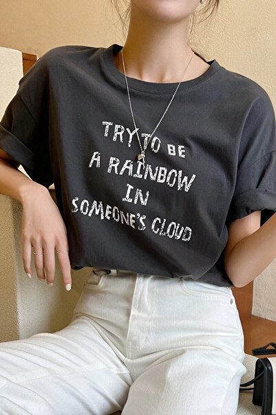 Revasser Unisex Füme Try To Be Baskılı Oversize