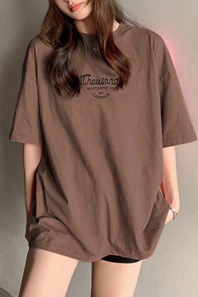 Revasser Unisex braon okrugla kragna hiljada Štampano Oversize kroj