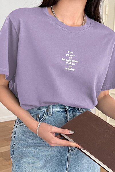 Revasser Unisex Lila Bisiklet Yaka The Power Baskılı Oversize