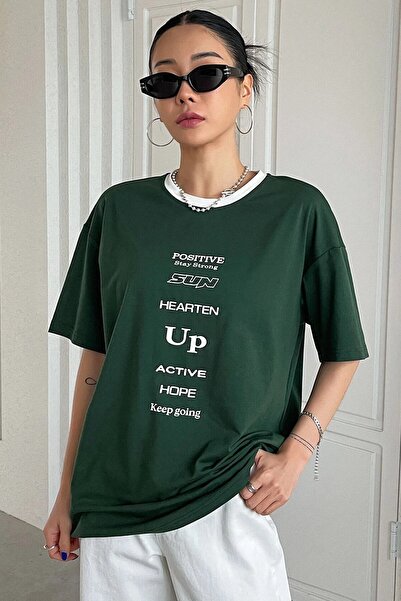 Revasser Unisex Guler verde Alb Positive Oversize Tricou Umăr