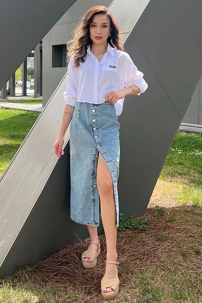 GÜLSELİ Fusta Jean Denim - Ice Blue și Detaliu Nasturi
