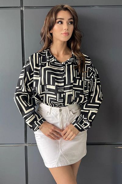 GÜLSELİ Cămașă oversize cu model neagră