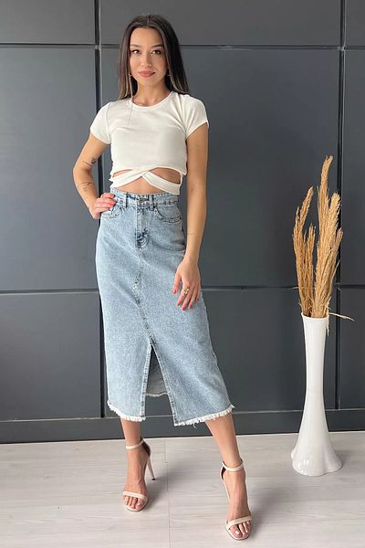 GÜLSELİ Fusta de blugi cu ciucuri cu fante albastre