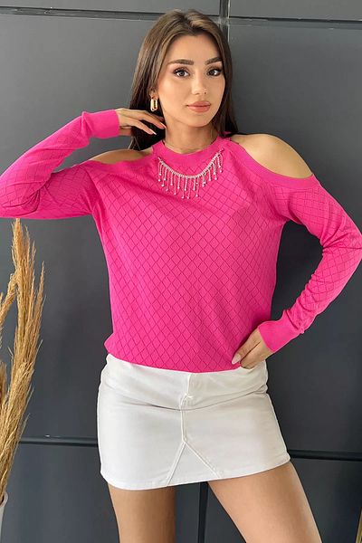 GÜLSELİ Γυναικεία πλεκτή μπλούζα Fuchsia Shoulder Low Cut Crew Neck Stone