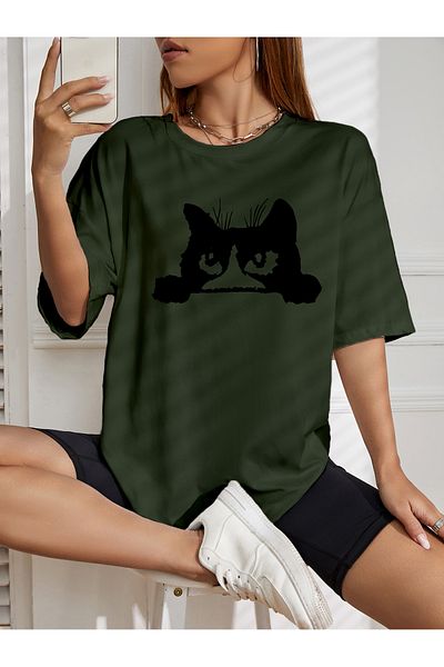 aynewmoda tricou supradimensionat cu imprimeu pisică înfricoșătoare