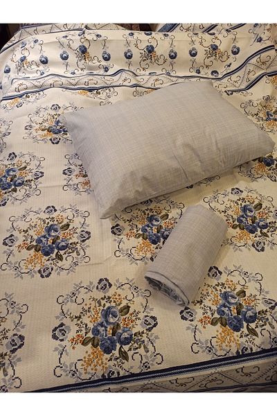 ŞENER HOME Set de cearșaf de pat cu model buchet și un singur piqué elastic - albastru