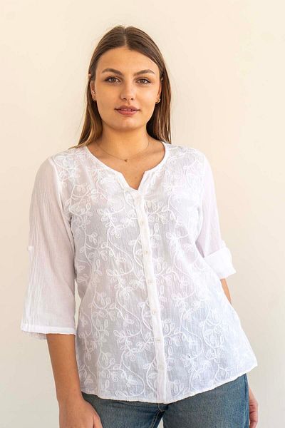 citycenterfashion Γυναικεία κεντητική μπλούζα με διπλό μανίκι αγκώνα 100% βαμβάκι οργανικό Cty-akc-693