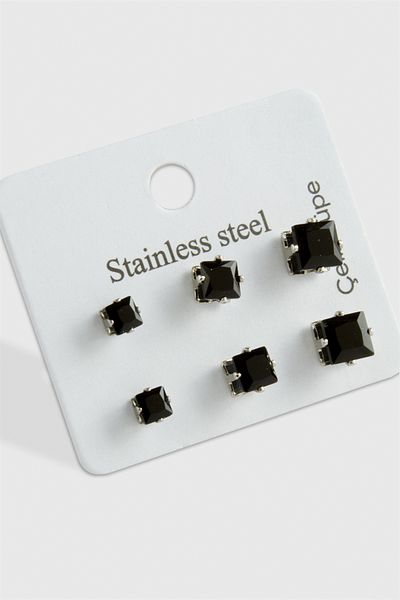 AKSESUARIM 6 Pieces Square Zircon Single Stone Steel Earrings