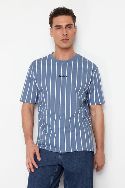 Trendyol Collection Indigové pruhované oversize bavlněné tričko - Tmnss24Ts00202
