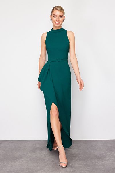 Trendyol Collection Emerald Green Flounce Detailed Belted Woven Long Elegant Evening Dress TPRSS24AE00146