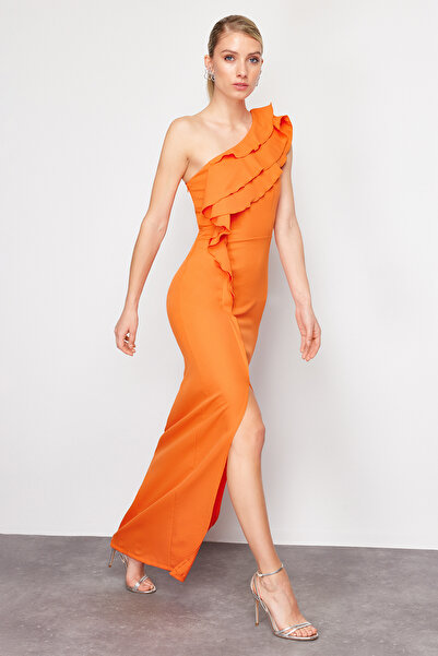 Trendyol Collection Rochie de seară lungă, țesută cu o singură mânecă, portocaliu TPRSS24AE00130
