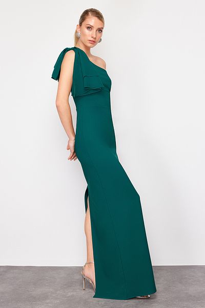 Trendyol Collection Smaragdově zelené dlouhé tkané večerní šaty - A-střih TPRSS23AE00095