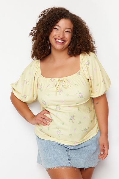 Trendyol Curve Plus Size Bow Yellow Floral Print Blouse - Balloon Sleeve Neckline Tbbss24Af00086
