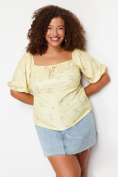 Trendyol Curve Plus Size Bow Yellow Floral Print Blouse - Balloon Sleeve Neckline Tbbss24Af00086