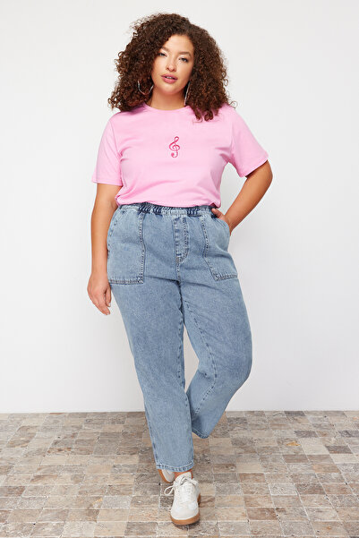 Trendyol Curve Light Blue Elastic Waist Mom Fit Plus Size Jeans Tbbss24Cj00041