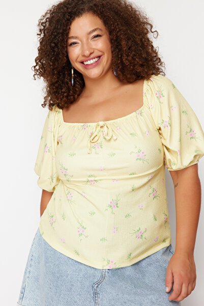 Trendyol Curve Plus Size Bow Yellow Floral Print Blouse - Balloon Sleeve Neckline Tbbss24Af00086