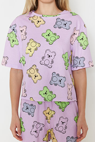Trendyol Collection Sada pyžama Lilac Teddy Bear ze 100% bavlny - THMSS24PT00072