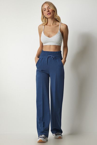 Happiness İstanbul Marineblaue Basic-Jogginghose aus Strick mit Taschen für Damen XR00018