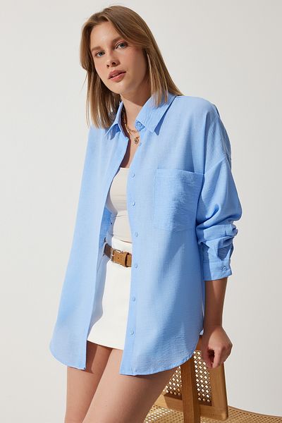 Happiness İstanbul Himmelblaues Oversize-Leinenhemd Ayrobin für Damen DD01222